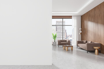 Home living room interior with armchair and sofa, window. Mockup wall
