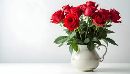 Naklejka premium Still life with a bouquet of red roses in an elegant vase, on a white background