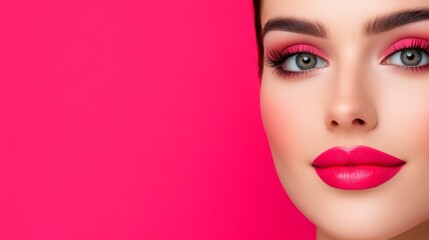 Fototapeta premium Woman with pink lips and green eyes is the main focus of the image. The pink background and the woman's makeup give the impression of a fun, playful, and confident mood