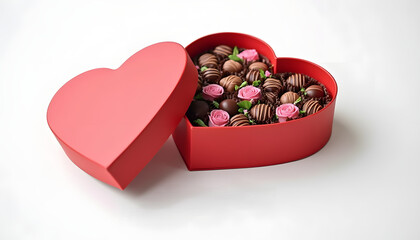 A box of heart-shaped chocolates with flowers on a white background