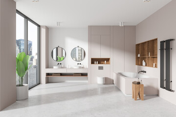 Spacious modern bathroom interior with large windows and city view. Minimalist style, neutral tones. Concept of luxury living. 3D Rendering