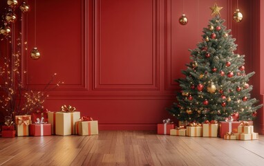 A super realistic 3D rendering of a Christmas background featuring a red wall, golden decorations, and a festive Christmas tree placed on a wooden floor in a cozy room. 
