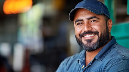 Obraz premium Man with a blue hat and a blue shirt is smiling. He has a beard and a mustache