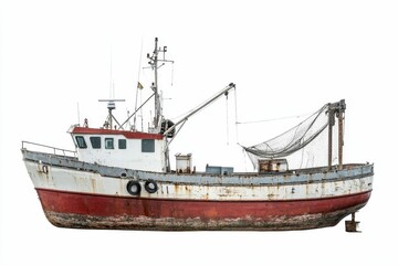 Naklejka premium An old rusty fishing boat with a net.