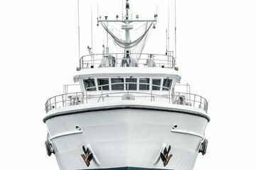 White boat with two anchors and a bridge.