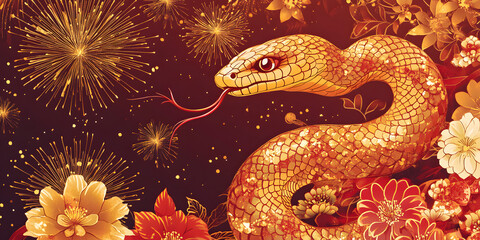 Obraz premium Gorgeous and luxurious Chinese Year of the Snake hand-painted artwork, illustration, wallpaper, commercial poster, poster, background, Chinese New Year, snake, year of the snake, 2025, zodiac，gold