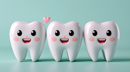 Obraz premium Cheerful smiling tooth characters: bright and playful dental concept on turquoise background