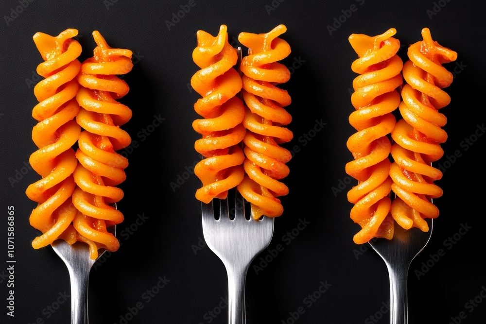 Poster three forks with spaghetti on them. the forks are silver and the spaghetti is orange. the forks are 