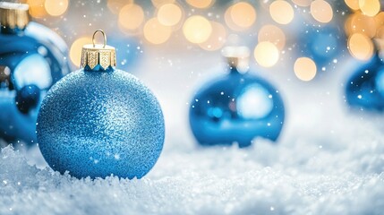 Classic blue glass Christmas decoration balls create a festive atmosphere in a close-up view, paired beautifully with soft snow, perfect for seasonal imagery and holiday themes.