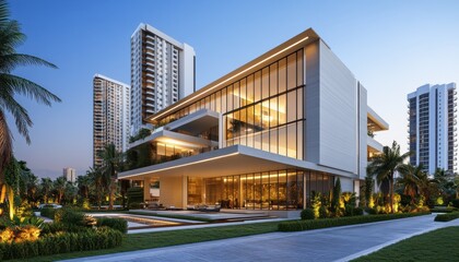 Obraz premium Modern Architectural Home Design with Welcoming Landscape and Evening Ambiance, A Stunning Residential Retreat