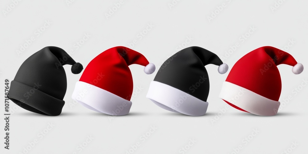 Poster four different colored hats with red and white sashes. the hats are all different colors and sizes