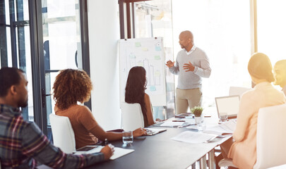 Creative, office and man at whiteboard for presentation, planning or internship training at agency....