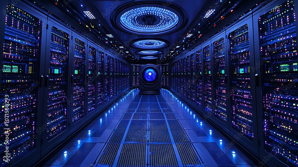 Poster a futuristic server room with rows of servers and a glowing orb at the end of the hallway.