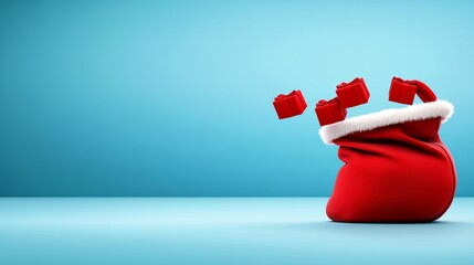 Red santa bag filled withs. Thes are scattered around the bag and the bag is sitting on a blue background