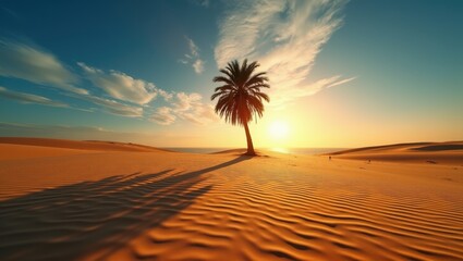 Solitary Palm Tree in Desert Sunset