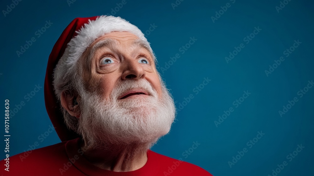Poster man with a red hat and beard is looking up at the sky. concept of wonder and excitement, as if the m