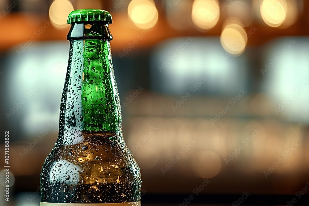 Poster green beer bottle covered with condensation droplets stands in a blurred bar setting with warm bokeh