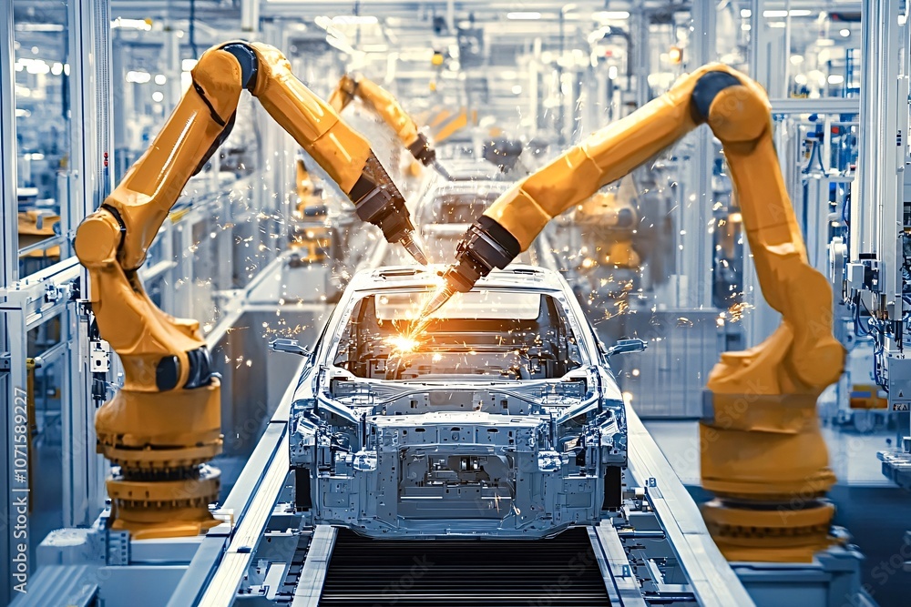 Poster automated robotic arms are welding a car body on an assembly line, showcasing advanced automation in