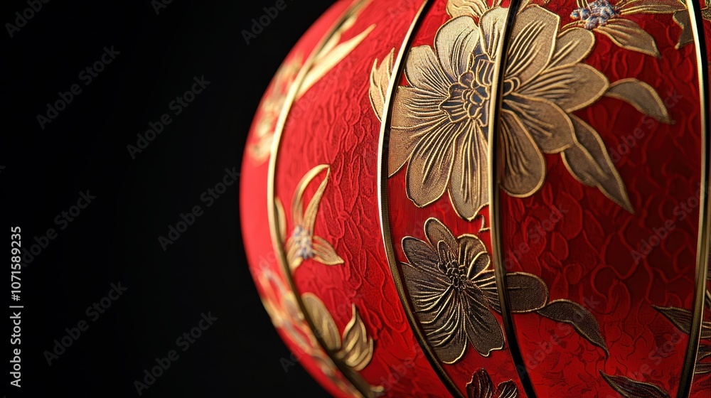 Poster a close-up of a red chinese lantern with gold floral patterns and intricate details, set against a s