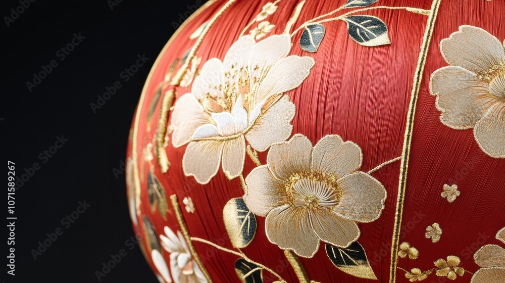 Poster a close-up of a red chinese lantern with gold floral patterns and intricate details, set against a s