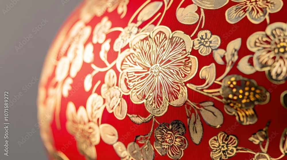 Poster a close-up of a red chinese lantern with gold floral patterns and intricate details, set against a s