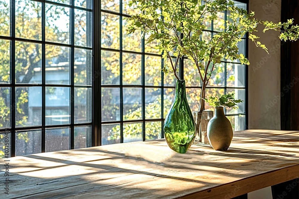 Poster sunlight streams through a large window with a view of trees, illuminating a wooden table adorned wi