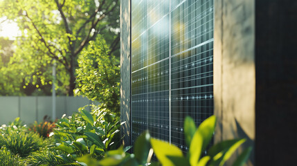 Pionowa instalacja paneli słonecznych, które służą jako ogrodzenie, efektywnie wykorzystując przestrzeń do produkcji energii. 
