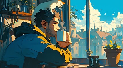 man at the window sipping a cup of coffee in the morning, with a cute cat on his head, colorful anime style