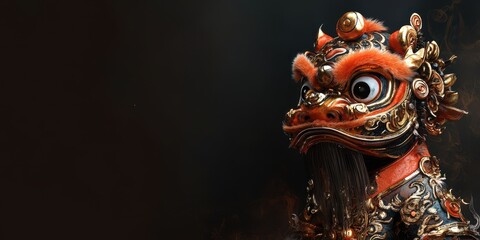 Obraz premium An artistic display of a Chinese New Year lion dance costume, adorned with intricate gold patterns, with a blank space for a festive greeting.