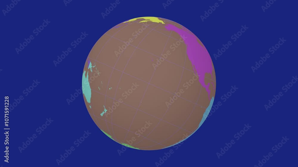 Poster spinning globe. tilted sphere view. slow speed earth rotation. colored continents style. world map w