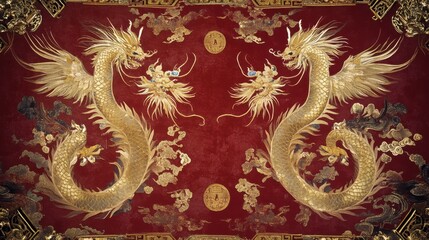 Fototapeta premium An ornate Chinese screen featuring gold dragons and phoenixes, with a rich red background and ample space to add a New Year greeting.