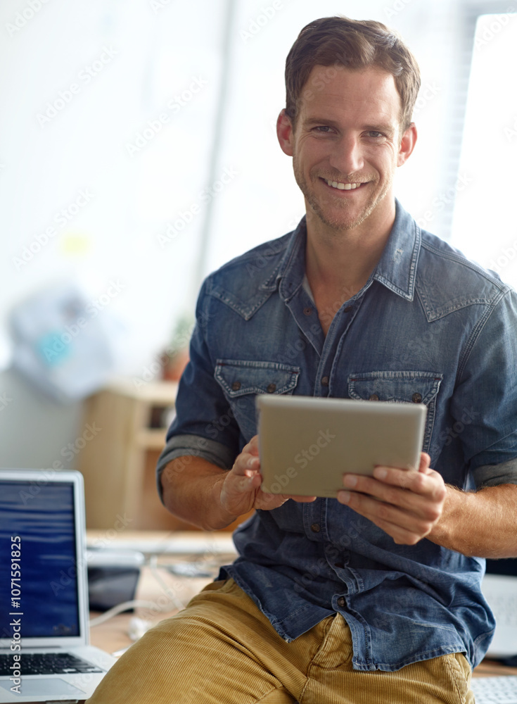 Poster creative, office and portrait of man with tablet, online schedule and happy business connection at a