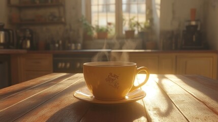 Obraz premium Peaceful Morning Coffee Cup with Steam Flowing in Natural Light, Cozy Kitchen Interior with Warm Sunlight and Sunbeams, Rustic Wooden Table, and Green Plants, Minimalist Aesthetic, Tranquility
