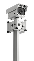 Modern traffic camera mounted on a pole, isolated on white background