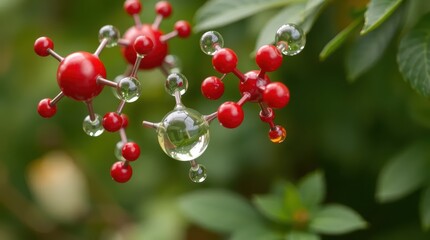 Fototapeta premium Molecular Structure with Dew Drops on Green Foliage