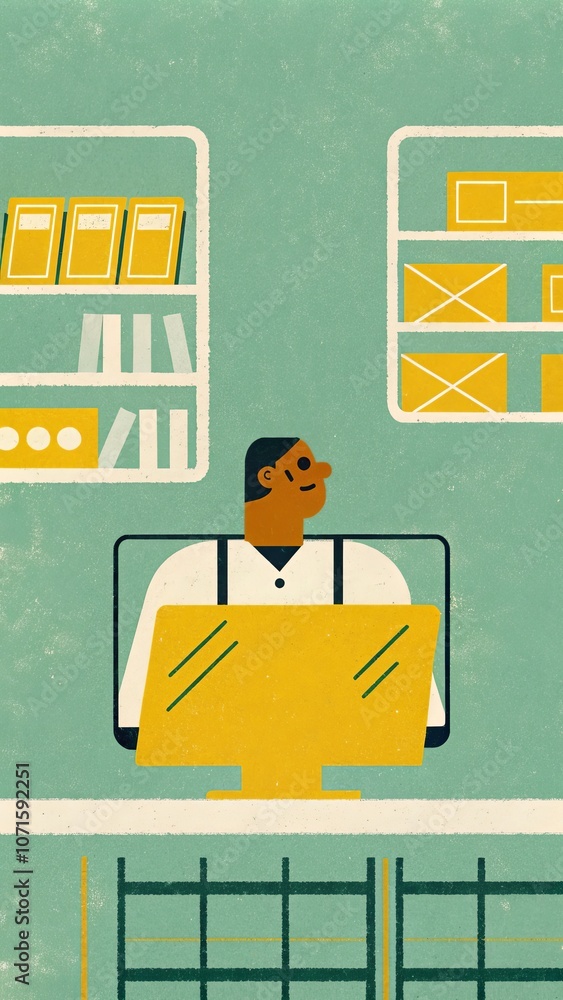 Poster minimalist office workspace with person at computer in retro style illustration