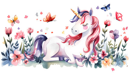 Obraz premium Cute unicorn with flowers and butterflies isolated on a white background. Watercolor illustration