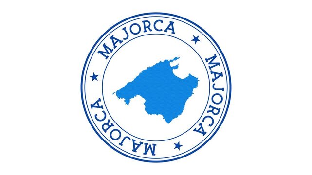 Majorca intro. Badge with the circular name and map of the island. Majorca round logo animation.