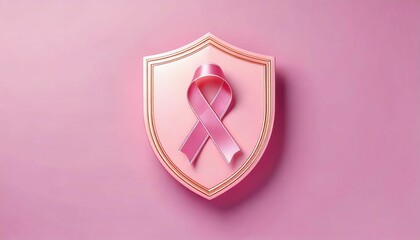 A pink shield featuring a pink ribbon, symbolizing breast cancer awareness and protection, set against a soft pink background.