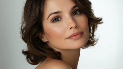 Fototapeta premium Similar woman 35 years old, same precious makeup, brown hair, white background