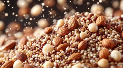 Fototapeta premium Quinoa and Mixed Nuts Breakfast Bowl Energizing, Wholesome, and Delicious Start your day with this nutrient-rich blend of quinoa, almonds, macadamia nuts, and a sprinkle of sweetness A perfect