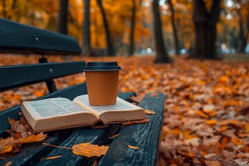 Fototapeta premium A book, open on an old wooden bench in the park with autumn leaves scattered around it,