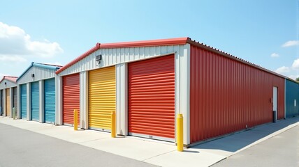 Obraz premium Mini colorful metal self storage facilities rental units, warehouse exterior, industry garage building.