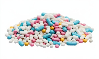 a pile of multicolored pills sitting on top of a pile of white and blue pills on top of each other