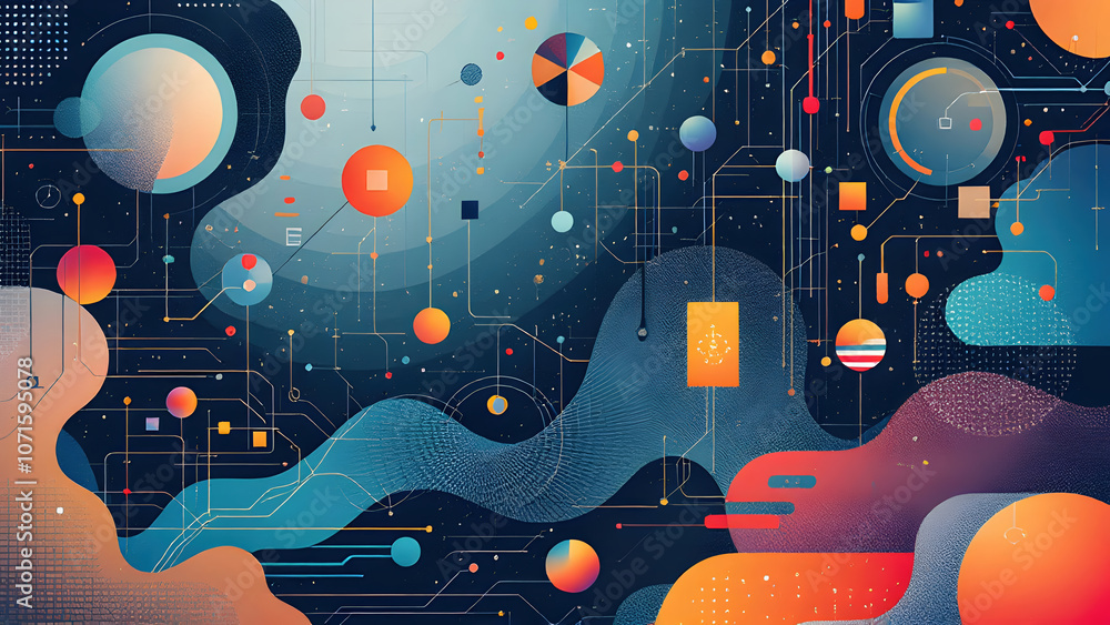 Poster abstract digital art featuring colorful geometric shapes and lines, creating vibrant tech inspired