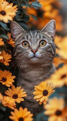 Obraz premium A cat surrounded by vibrant orange and yellow flowers, a colorful and beautiful high-definition wallpaper, suitable for mobile phone or other high-resolution displays.