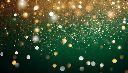 Obraz premium ダークグリーンの背景にゴールドとシルバーのスパークルがランダムに輝き、温かみと落ち着きを感じさせるクリスマスシーズンにぴったりのテクスチャ。 
