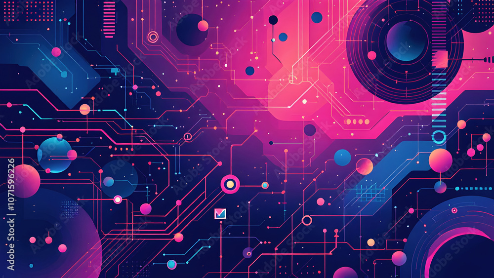 Poster vibrant abstract technology background with colorful circuits and shapes