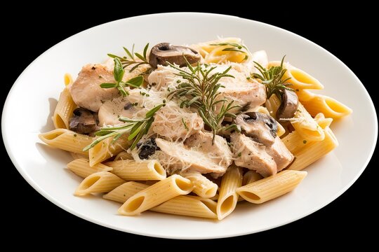 a plate of pasta pene with chicken pieces, mushrooms, and parmesan cheese sauce
