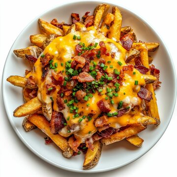 Cheesy fries topped with bacon and chives.